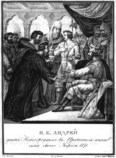 Andrei Bogolyubsky gave the rule over Novgorod to his son Georgy. 1171 (From Illustrated Karamzin) Artist: Chorikov, Boris Artemyevich (1802-1866)