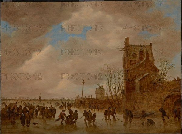 Ice pleasures in front of a bridge tower, 1655. Artist: Goyen, Jan Josefsz, van (1596-1656)
