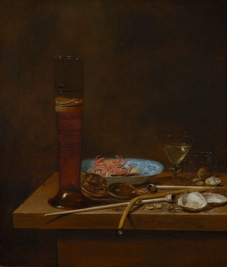 Still life with smoking utensils and crabs, 1657. Artist: Velde, Jan van de III (ca. 1620-1662)