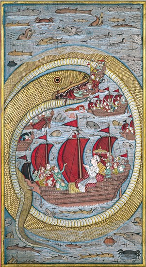 Sea serpent swallows the royal fleet, 1670. Artist: Indian Art