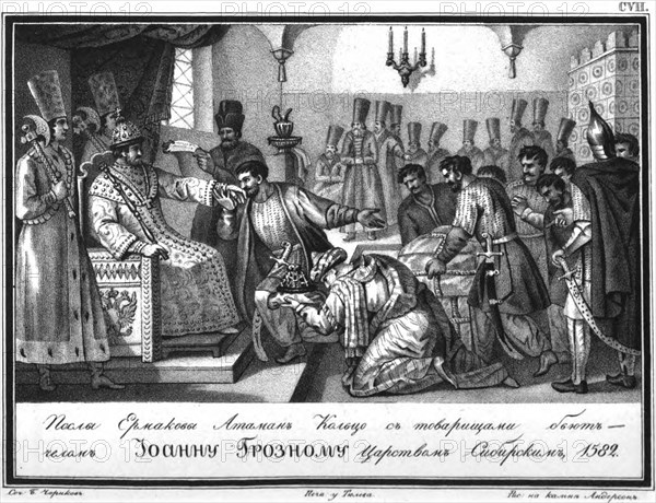 Yermak's Embassy at the Tsar Ivan the Terrible (From Illustrated Karamzin), 1836. Artist: Chorikov, Boris Artemyevich (1802-1866)