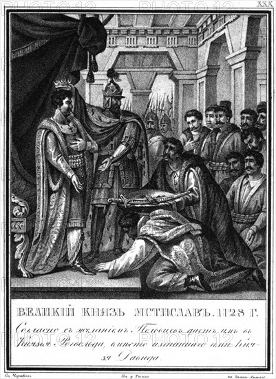 Mstislav I appointed Rogvolod to Prince of Polotsk. 1128 (From Illustrated Karamzin), 1836. Artist: Chorikov, Boris Artemyevich (1802-1866)