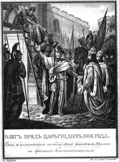 Prince Oleg before the Gates of Constantinople. 906 (From Illustrated Karamzin), 1836. Artist: Chorikov, Boris Artemyevich (1802-1866)