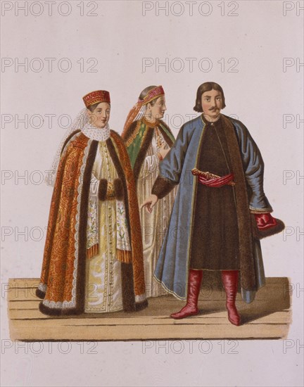 Clothing of the unmarried Boyar's daughters at the Time of Peter I (From the series Clothing of the Artist: Solntsev, Fyodor Grigoryevich (1801-1892)