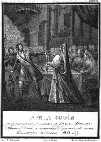 Grand Princess Sofia pulls the golden belt from Prince Vasili the Cross-Eyed (From Illustrated Kara Artist: Chorikov, Boris Artemyevich (1802-1866)