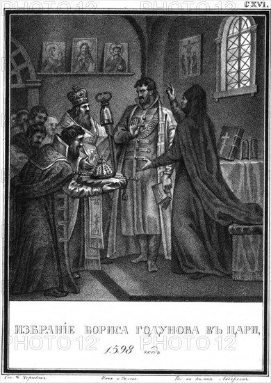 The Election of Boris Godunov to the Tsar. 1598 (From Illustrated Karamzin), 1836. Artist: Chorikov, Boris Artemyevich (1802-1866)