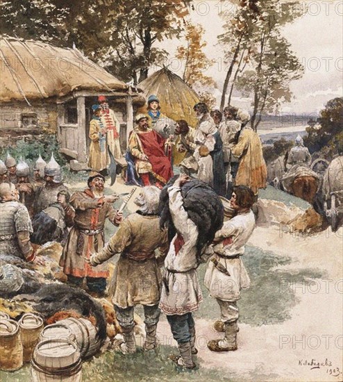 Poliudie (Collecting tribute). Igor of Kiev Exacting Tribute from the Drevlyans, 1903. Artist: Lebedev, Klavdi Vasilyevich (1852-1916)