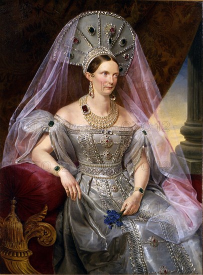 Portrait of Empress Alexandra Fyodorovna (Charlotte of Prussia), in kokoshnik, ca 1836. Artist: Krüger, Franz (1797-1857)