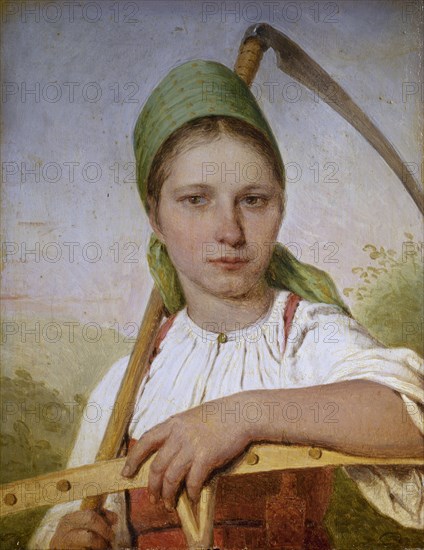 Peasant woman with a scythe and rake, before 1825. Artist: Venetsianov, Alexei Gavrilovich (1780-1847)