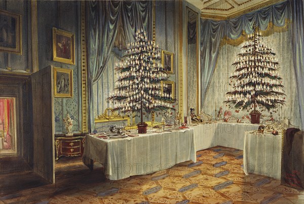 Christmas trees of the Duchess of Kent and the royal children at Windsor Castle, 1850. Artist: Roberts, James (1824-1867)