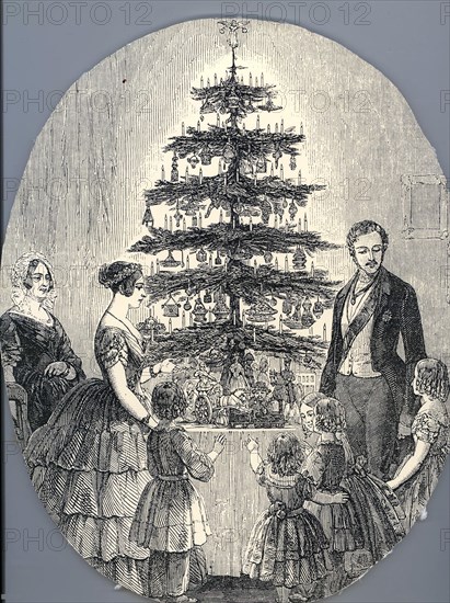 Christmas with Queen Victoria, Prince Albert, their children and Queen Victoria's mother, in 1848 (f Artist: Anonymous