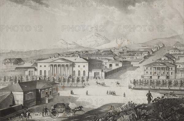 View of the hotel and the center of Pyatigorsk, Mid of the 19th century. Artist: Beggrov, Karl Petrovich (1799-1875)