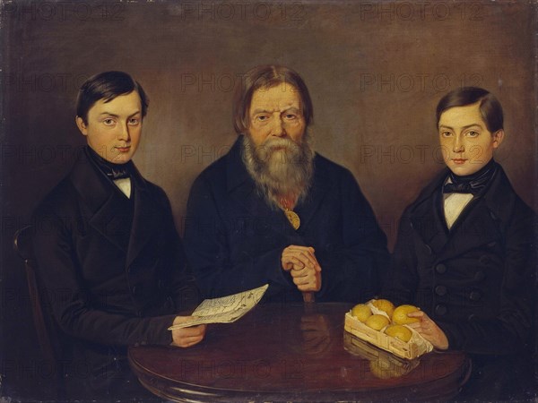 Merchant Smurov with sons, 1840s. Artist: Anonymous