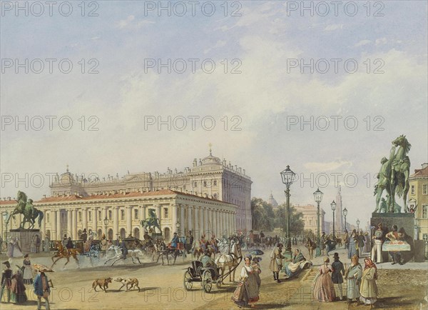 Die Anitschkow-Brücke in Sankt Petersburg, 1847. Artist: Bohnstedt, Ludwig Franz Karl (1822-1885)