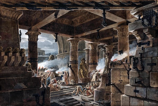 Architectural Fantasy - interior view of an Egyptian temple, 1803. Artist: Thomas de Thomon, Jean François (1754-1813)