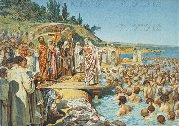 The baptism of the residents of Kiev in 988. Artist: Lebedev, Klavdi Vasilyevich (1852-1916)