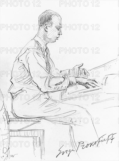 Sergei Prokofiev playing his Piano Concerto No. 3, 1936. Artist: Wiener, Hilda (1877-1940)