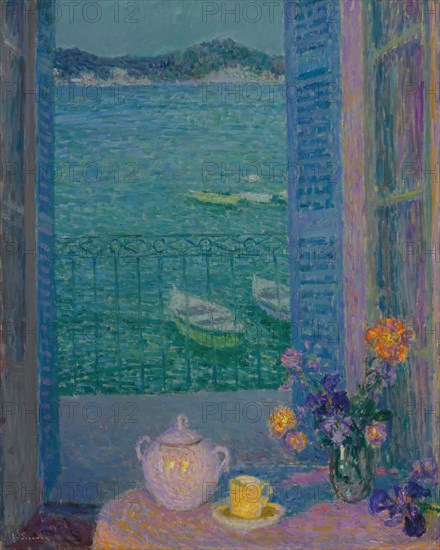 Bunch of flowers at the window, Villefranche-sur-Mer, 1928. Artist: Le Sidaner, Henri (1862-1939)