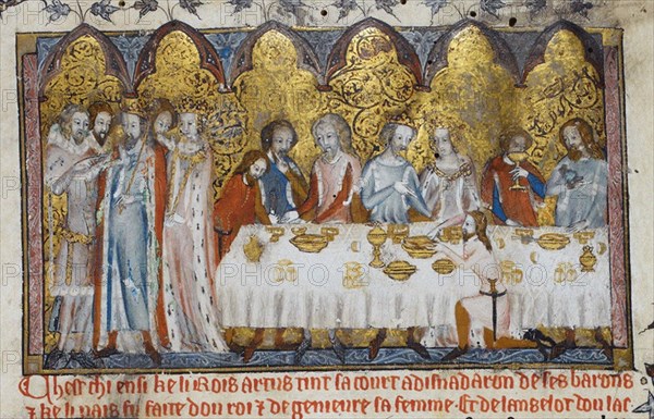 Feasting at King Arthur's Court, 13th century. Artist: Anonymous