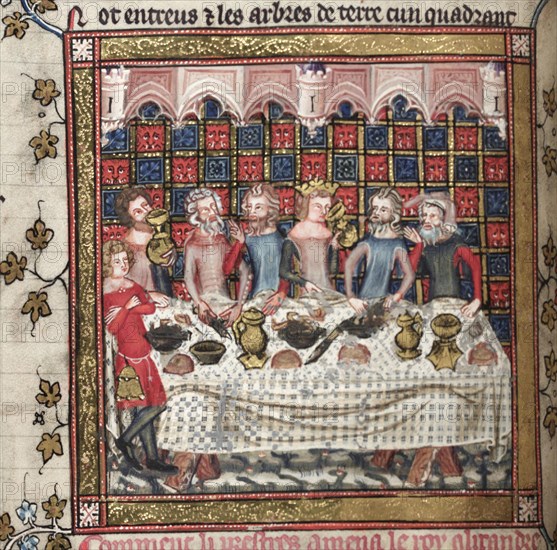 Feasting in Oxford (A cycle of Alexander romances), ca 1400. Artist: Anonymous