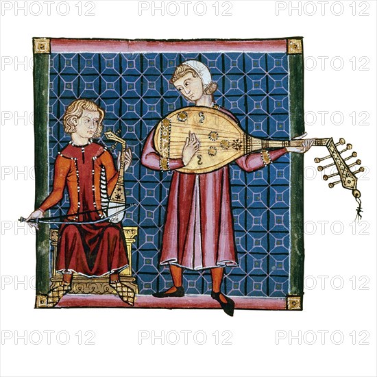 Two minstrels. Illustration from the codex of the Cantigas de Santa Maria, c. 1280. Artist: Anonymous