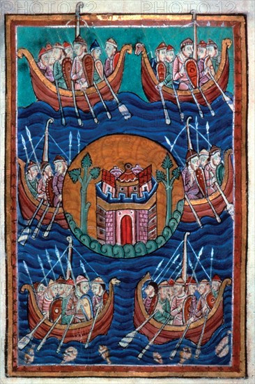 Viking ships arriving in Britain, ca 1130. Artist: Abbo of Fleury (c. 945-1004)