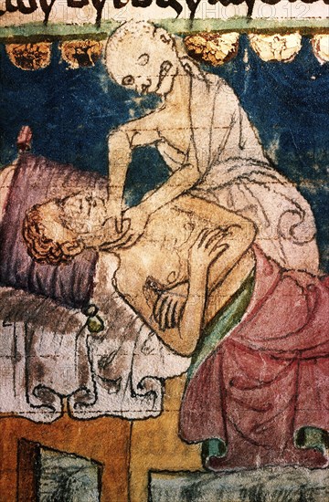 Death Strangling a Victim of the Plague. From the Stiny Codex, 14th century. Artist: Anonymous