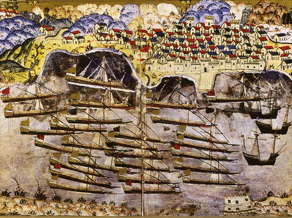 Barbarossa's fleet wintering in the French harbour of Toulon, 1543, Mid of 16th century. Artist: Nasuh, Matrakci (1480-c. 1564)