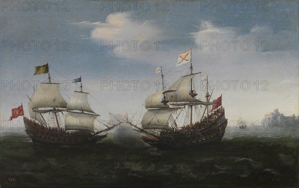 Naval combat against a rocky shore, 1627. Artist: Vroom, Hendrick Cornelisz. (1562/3-1640)
