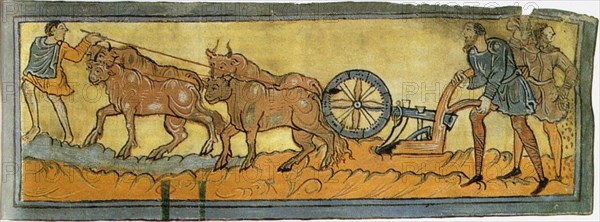 Peasants ploughing (Miniature from the Cotton MS Tiberius), 11th century. Artist: Anonymous