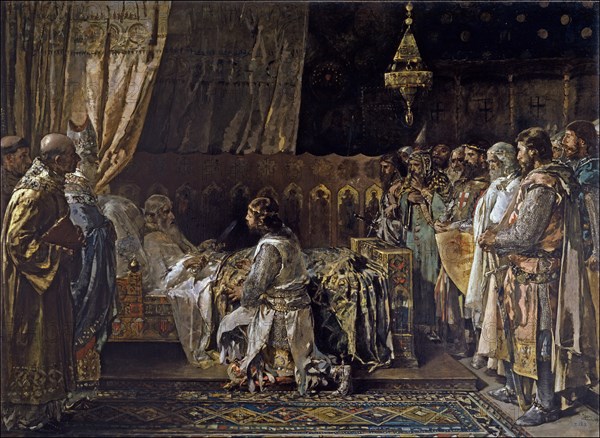 King James I the Conqueror Gives His Sword to His Son, Pedro, 1881. Artist: Pinazo Camarlench, Ignacio (1849-1916)