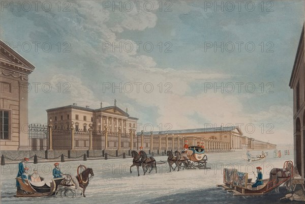 View of the Imperial Bank and the Shops at St. Petersburg, 1815. Artist: Dubourg, Matthew (active 1786-1838)