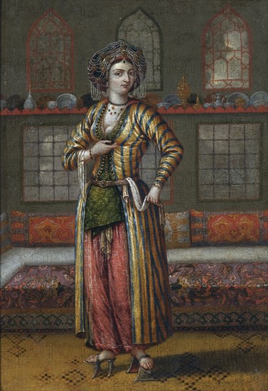 A noble lady of Constantinople wearing Hammam shoes. Artist: Vanmour (Van Mour), Jean-Baptiste, (School)