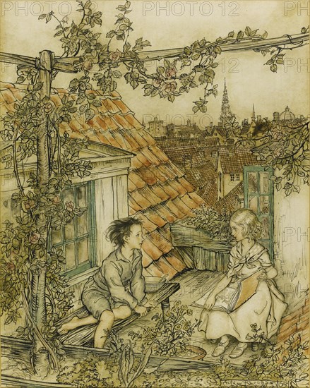 Kay and Gerda in their garden high up on the roof. Illustration for the tale of The Snow Queen, 18 Artist: Rackham, Arthur (1867-1939)
