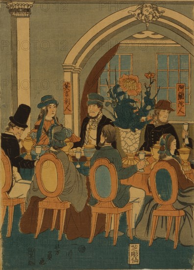 Banquet of five nations (Yokohama club), 1861. Artist: Utagawa, Yoshitomi (active 1850-1870)