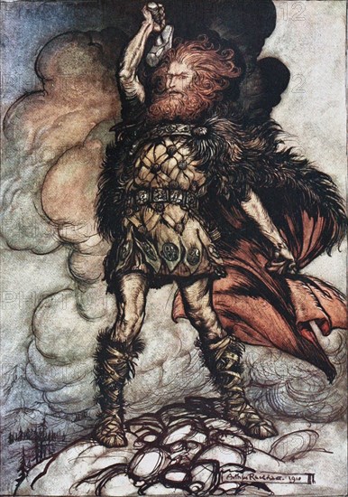 Donner, your lord, summons his hosts! Illustration for The Rhinegold and The Valkyrie by Richard W Artist: Rackham, Arthur (1867-1939)