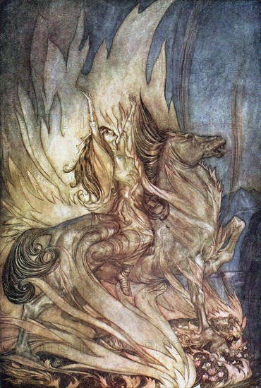 Brünnhilde on Grane leaps onto the funeral pyre of Siegfried. Illustration for Siegfried and The Tw Artist: Rackham, Arthur (1867-1939)