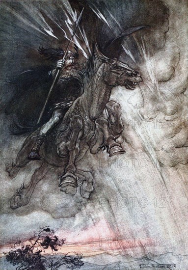 Furiously Wotan is riding to the rock. Illustration for The Rhinegold and The Valkyrie by Richard  Artist: Rackham, Arthur (1867-1939)