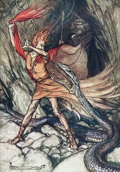 Ohe! Ohe! Terrible dragon, oh, swallow me not! Illustration for The Rhinegold and The Valkyrie by  Artist: Rackham, Arthur (1867-1939)