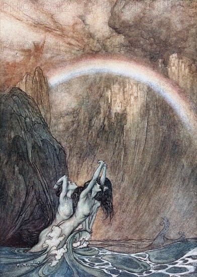 The Rhinemaidens bewail their lost gold. Illustration for The Rhinegold and The Valkyrie by Richar Artist: Rackham, Arthur (1867-1939)