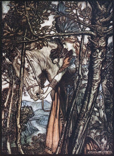 Brünnhilde leads her horse by the bridle. Illustration for The Rhinegold and The Valkyrie by Richa Artist: Rackham, Arthur (1867-1939)