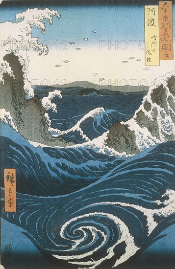 The Naruto whirlpools in Awa Province. From the series Famous Views of the 60-odd Provinces, ca 18 Artist: Hiroshige, Utagawa (1797-1858)