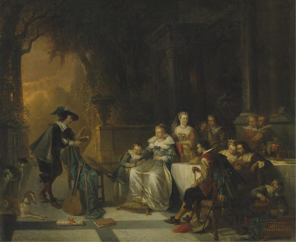 John Dryden Reading one of His Poems Before the Court, 1869. Artist: Braekeleer, Adrien Ferdinand de (1818-1904)