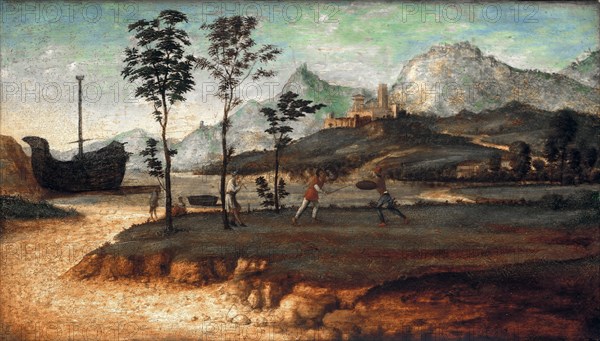 Coastal Landscape with two men fighting, c. 1510. Artist: Cima da Conegliano, Giovanni Battista (ca. 1459-1517)