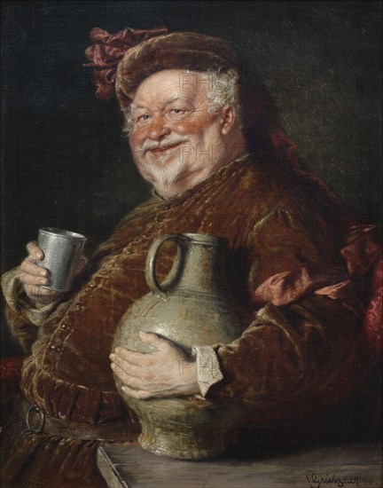 Falstaff with a Tankard of Wine and Tin Cup, 1910. Artist: Gruetzner, Eduard, von (1846-1925)