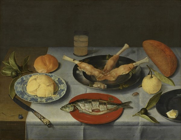 Breakfast with bread, cheese, fish and beer, c. 1615. Artist: Hulsdonck, Jacob van (1582-1647)