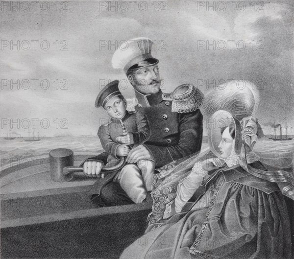 Emperor Nicholas I and Empress Alexandra Fyodorovna with son Konstantin Nikolaevich on a boat trip,  Artist: Anonymous