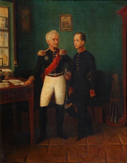 Portrait of General Fyodor Grigoryevich (Friedrich August) Goldgeuer (1771-1848) with Son Mikhail, c Artist: Anonymous