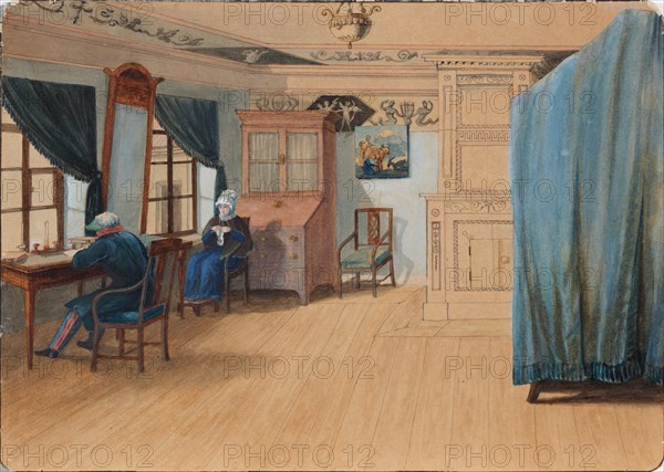 Bedroom Interior. Count Yegor Frantsevich Kankrin (1774-1845) at his desk, 1820s. Artist: Anonymous