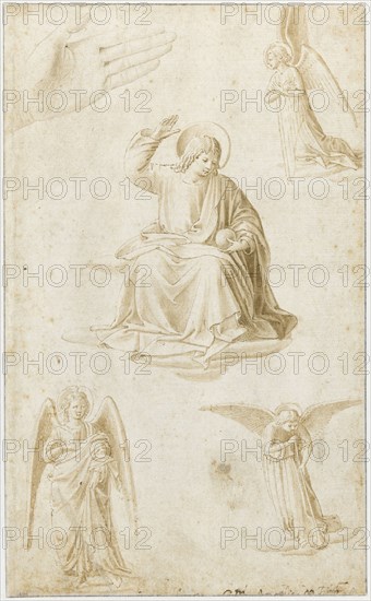 Studies of a hand, three angels and Christ as Salvator Mundi, Second Half of the 15th century. Artist: Gozzoli, Benozzo (ca 1420-1497)